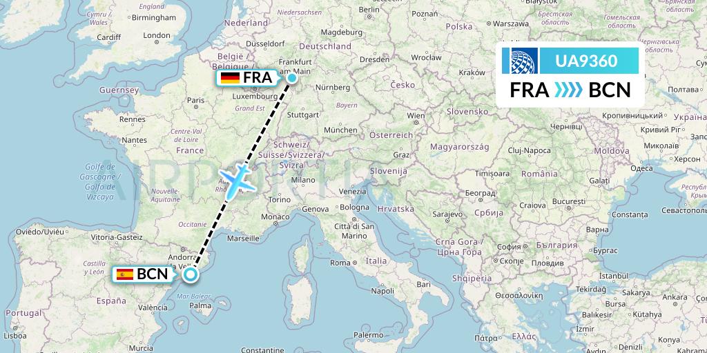UA9360 United Airlines Flight Map: Frankfurt to Barcelona