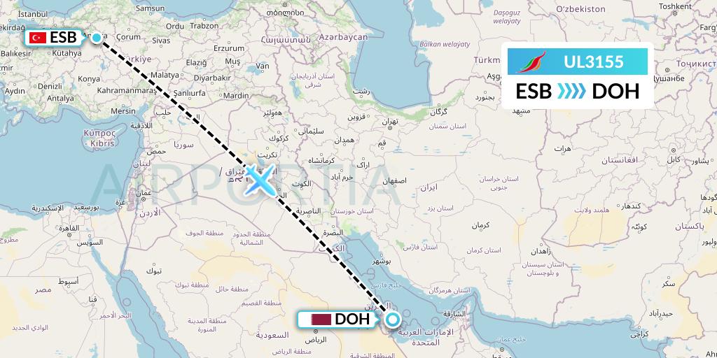 UL3155 SriLankan Airlines Flight Map: Ankara to Doha