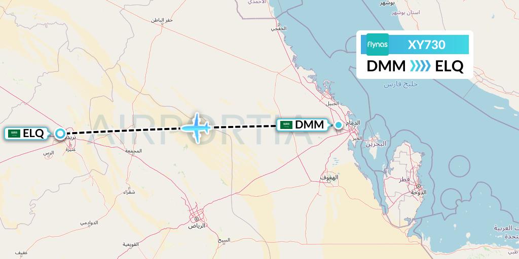 XY730 Flynas Flight Map: Dammam to Al-Qassim