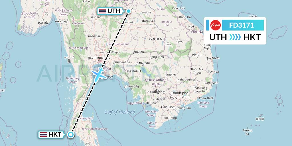 FD3171 Thai AirAsia Flight Map: Udon Thani to Phuket