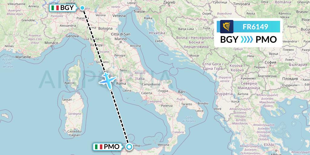 FR6149 Ryanair Flight Map: Milan to Palermo