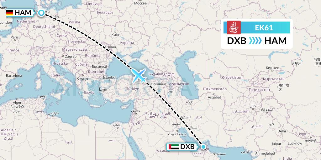 EK61 Emirates Flight Map: Dubai to Hamburg