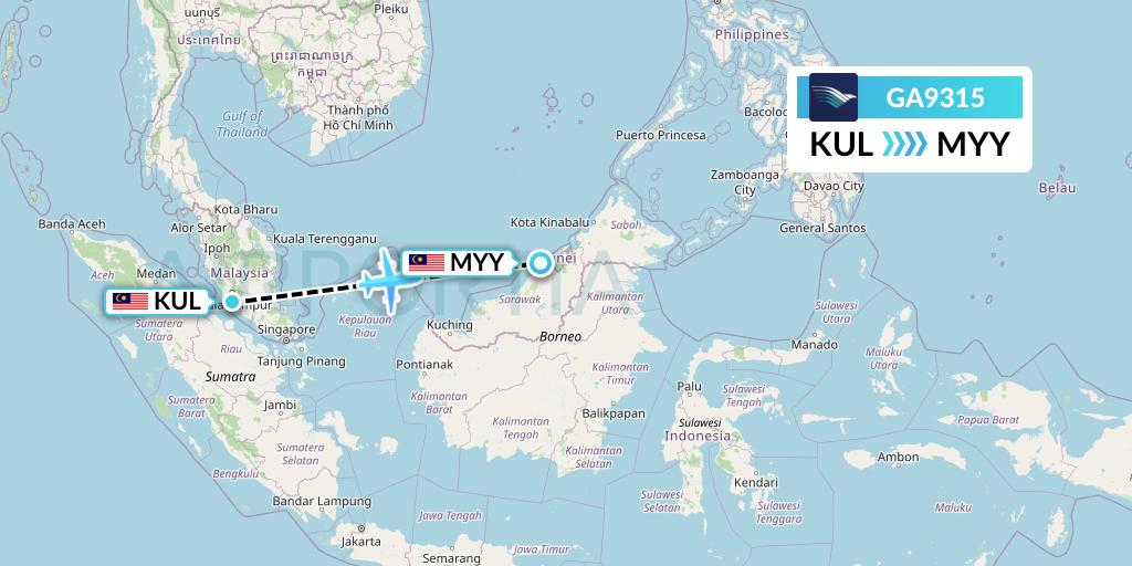 GA9315 Garuda Indonesia Flight Map: Kuala Lumpur to Miri
