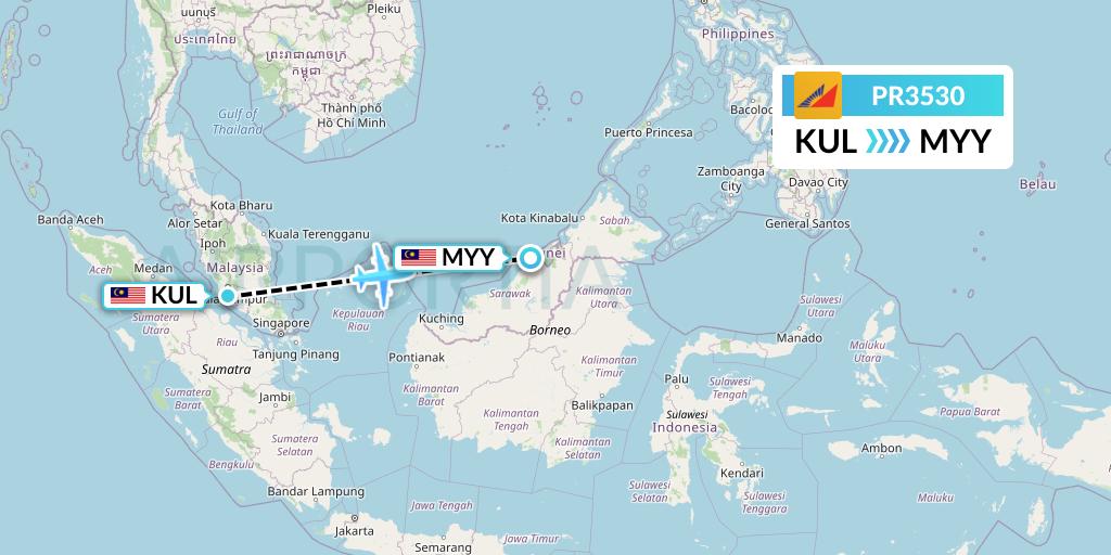 PR3530 Philippine Airlines Flight Map: Kuala Lumpur to Miri