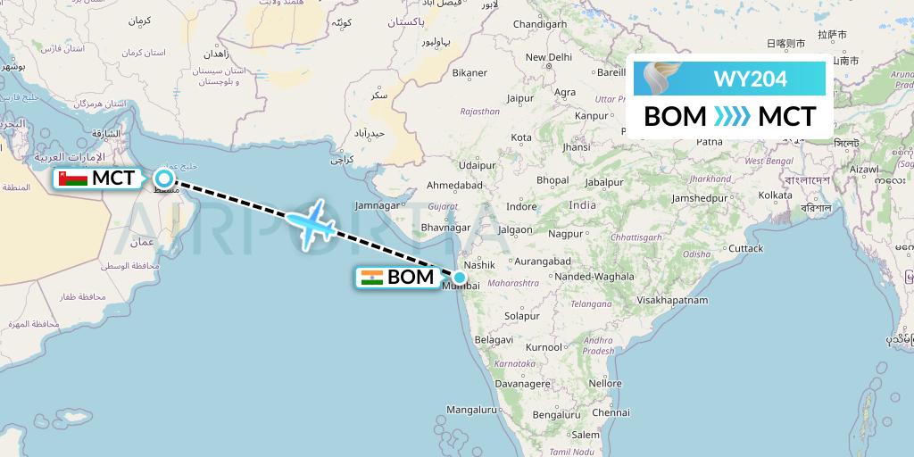 WY204 Oman Air Flight Map: Mumbai to Muscat