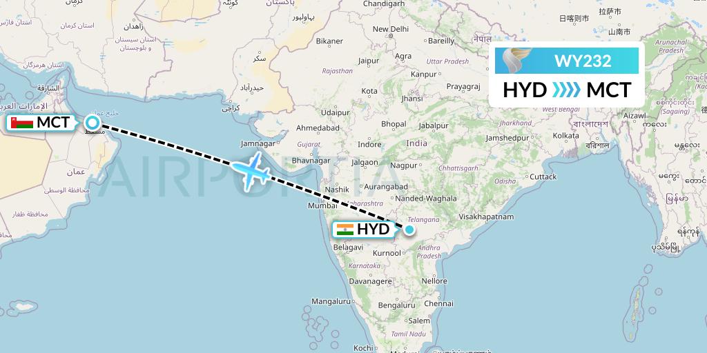 WY232 Oman Air Flight Map: Hyderabad to Muscat