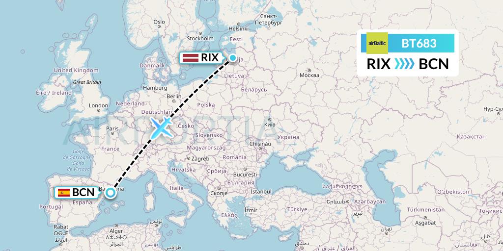 BT683 Air Baltic Flight Map: Riga to Barcelona