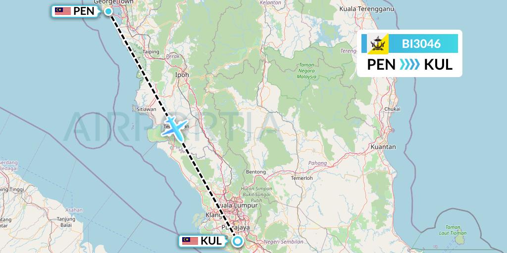 BI3046 Royal Brunei Airlines Flight Map: Penang to Kuala Lumpur