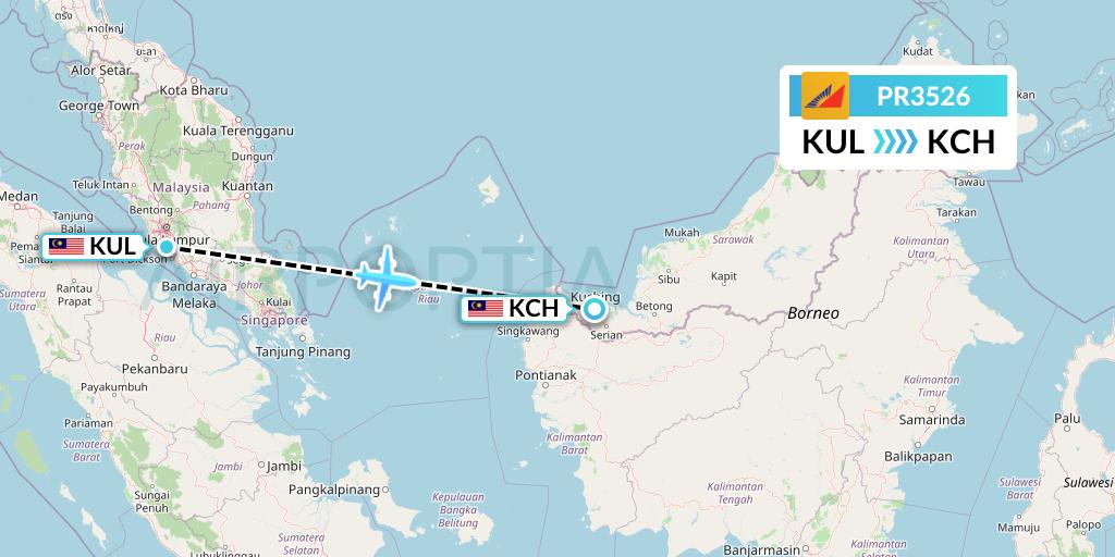 PR3526 Philippine Airlines Flight Map: Kuala Lumpur to Kuching