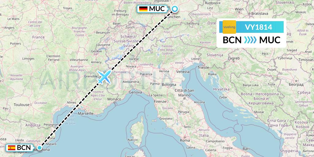 VY1814 Vueling Flight Map: Barcelona to Munich