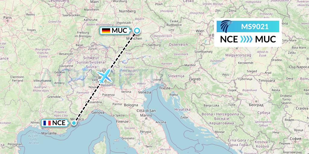 MS9021 EgyptAir Flight Map: Nice to Munich