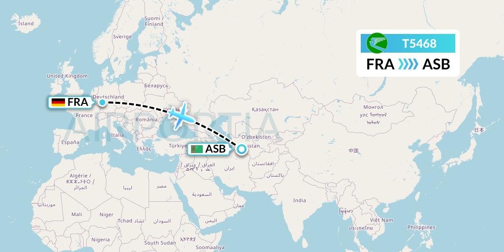 T5468 Turkmenistan Airlines Flight Map: Frankfurt to Ashgabat