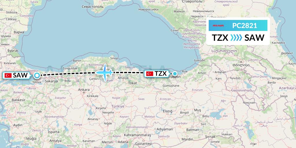 PC2821 Pegasus Airlines Flight Map: Trabzon to Istanbul