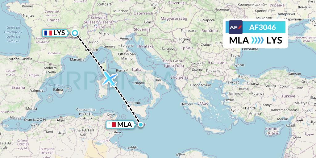 AF3046 Air France Flight Map: Malta to Lyon