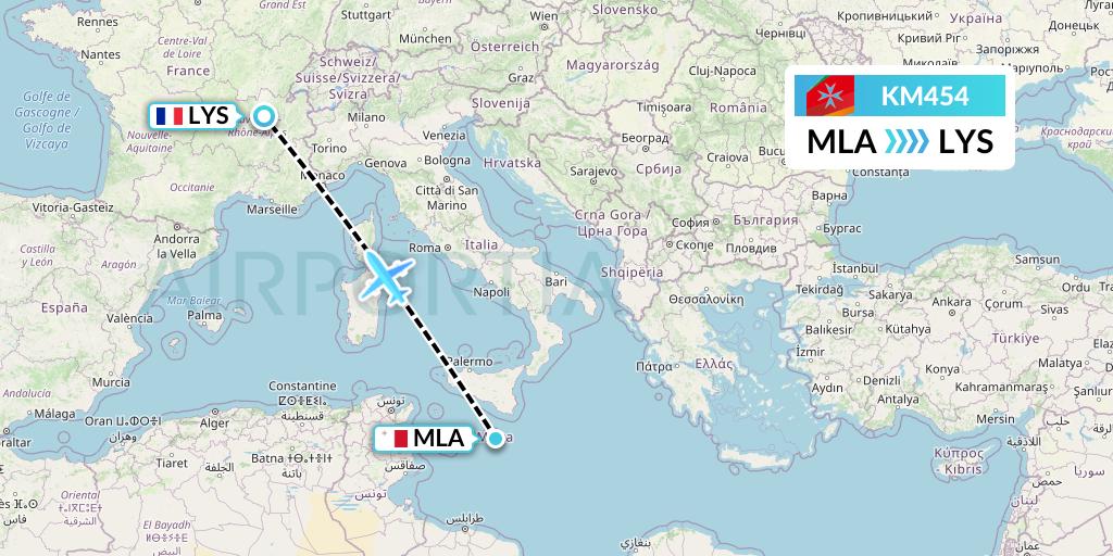 KM454 Air Malta Flight Map: Malta to Lyon
