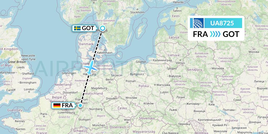 UA8725 United Airlines Flight Map: Frankfurt to Gothenburg