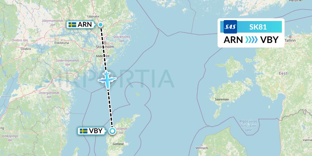 SK81 SAS Flight Map: Stockholm to Visby