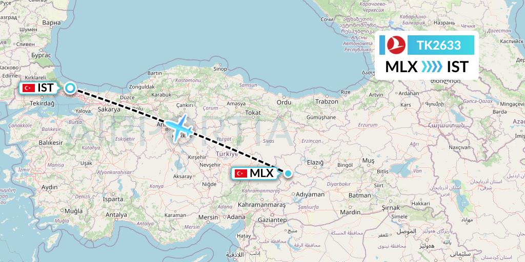 TK2633 Turkish Airlines Flight Map: Malatya to Istanbul