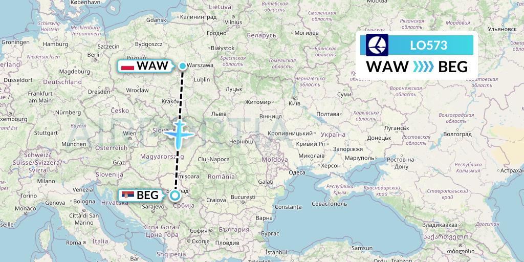 LO573 LOT Flight Map: Warsaw to Belgrade