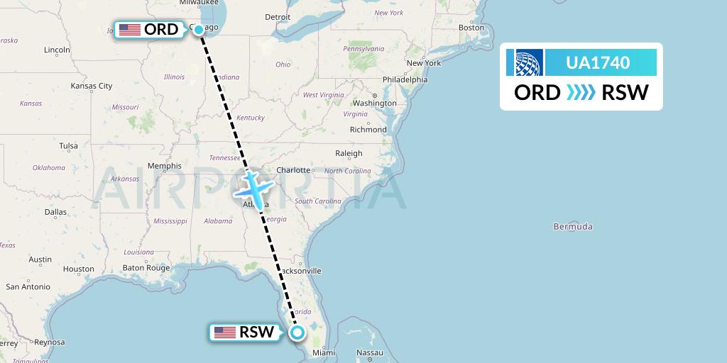 UA1740 United Airlines Flight Map: Chicago to Fort Myers