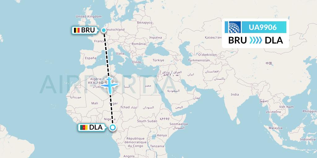 UA9906 United Airlines Flight Map: Brussels to Douala