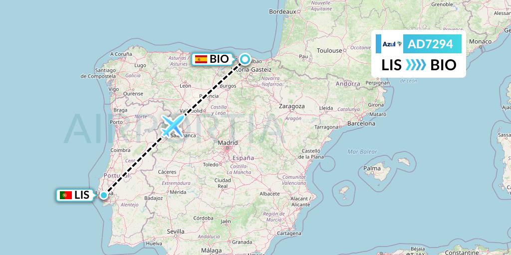 AD7294 Azul Brazilian Airlines Flight Map: Lisbon to Bilbao