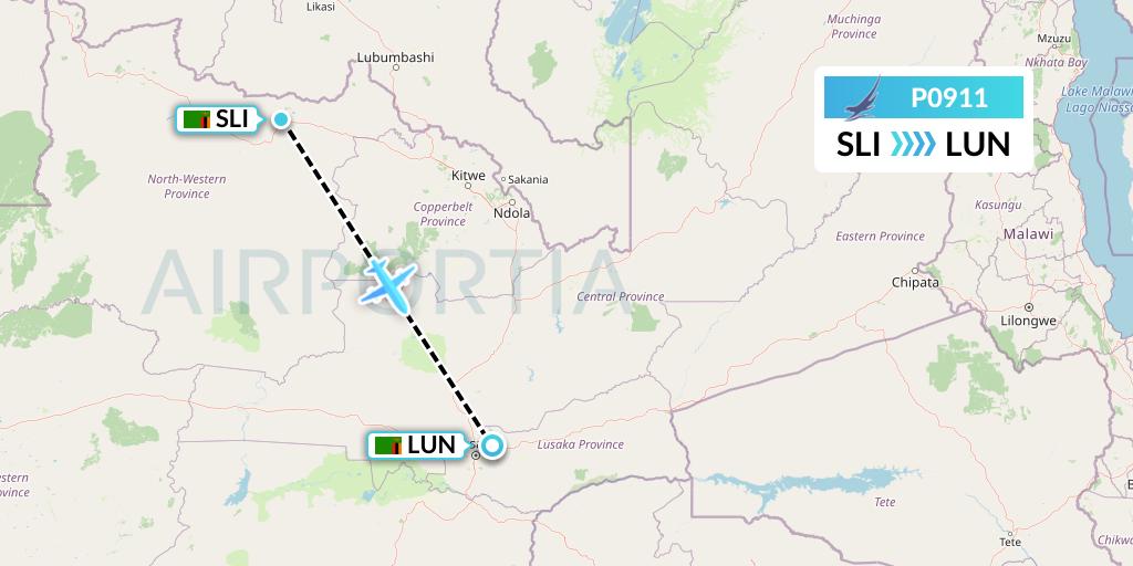 P0911 Proflight Air Services Flight Map: Solwesi to Lusaka