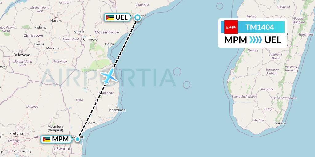 TM1404 LAM Mozambique Airlines Flight Map: Maputo to Quelimane