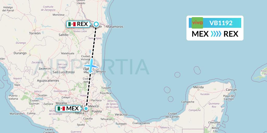 VB1192 VivaAerobus Flight Map: Mexico City to Reynosa