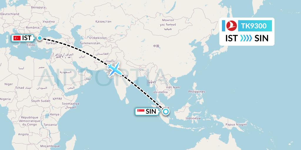 TK9300 Turkish Airlines Flight Map: Istanbul to Singapore