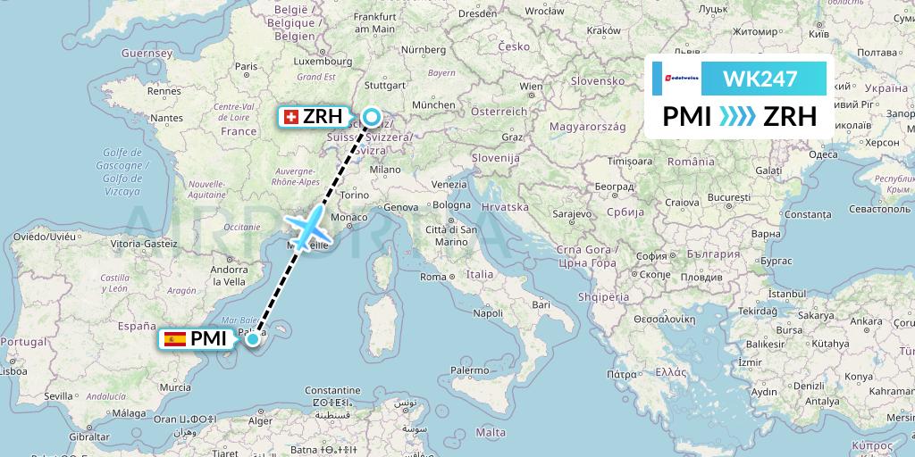 WK247 Edelweiss Air Flight Map: Palma de Mallorca to Zurich