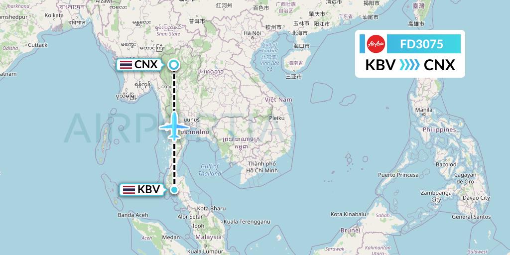 FD3075 Thai AirAsia Flight Map: Krabi to Chiang Mai