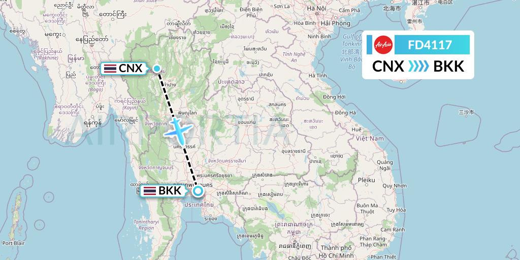 FD4117 Thai AirAsia Flight Map: Chiang Mai to Bangkok