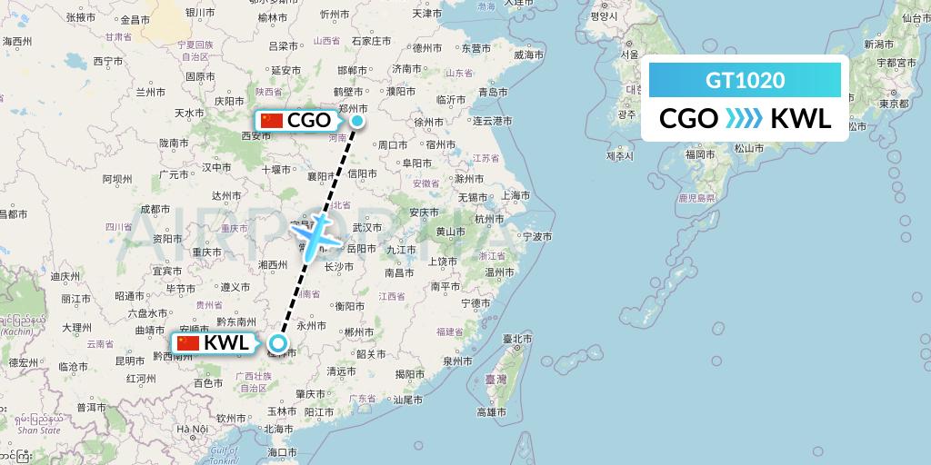 GT1020 Air Guilin Flight Map: Zhengzhou to Guilin