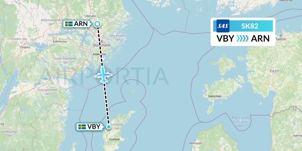 SK82 SAS Flight Map: Visby to Stockholm