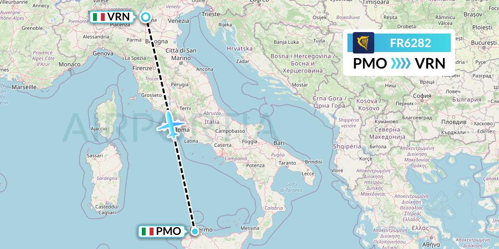 FR6282 Ryanair Flight Map: Palermo to Verona