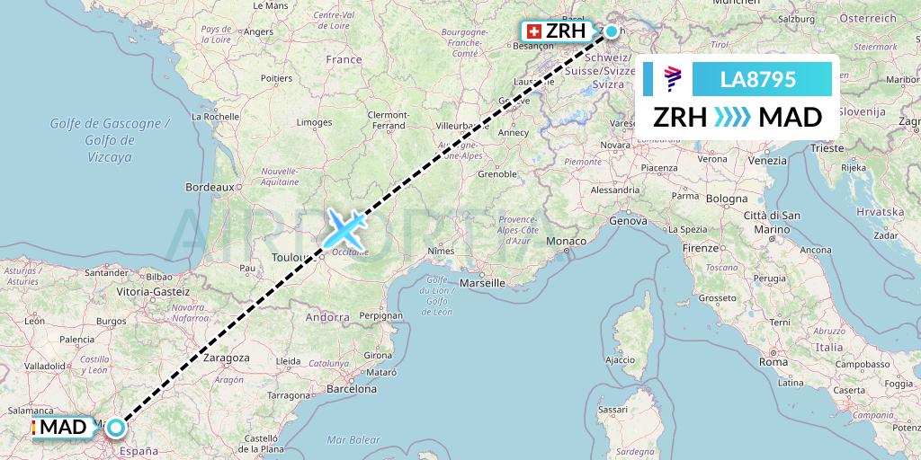 LA8795 LAN Airlines Flight Map: Zurich to Madrid