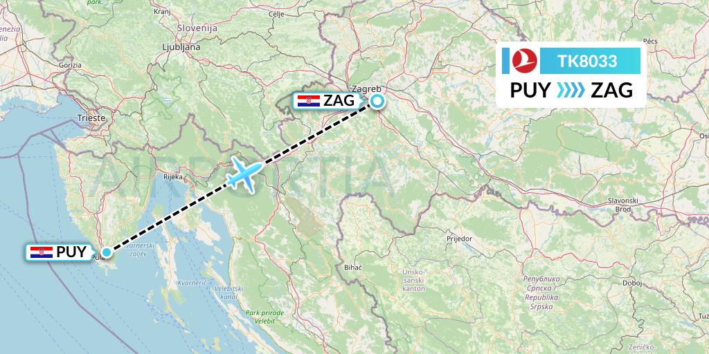 TK8033 Turkish Airlines Flight Map: Pula to Zagreb