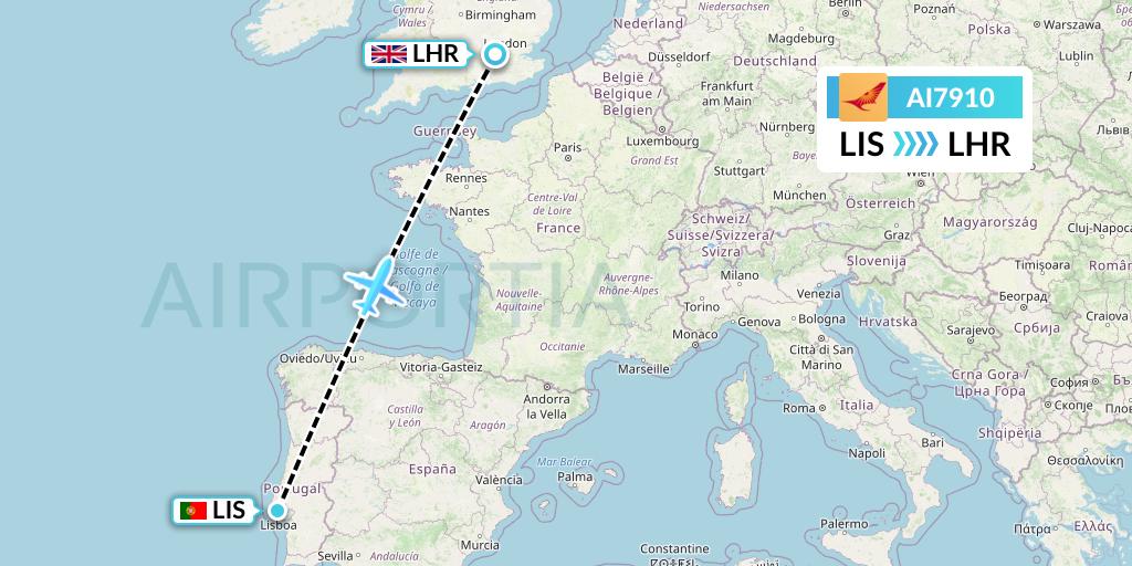 AI7910 Air India Flight Map: Lisbon to London