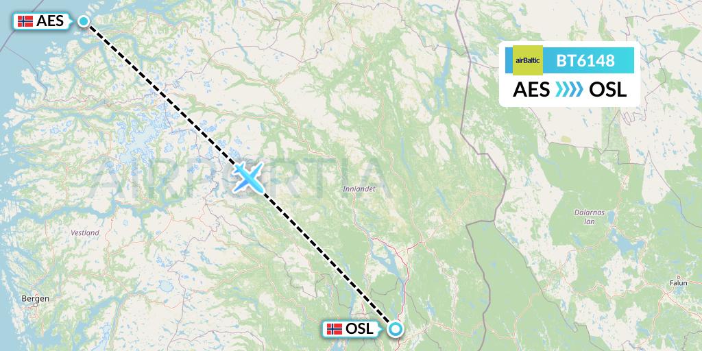 BT6148 Air Baltic Flight Map: Alesund to Oslo