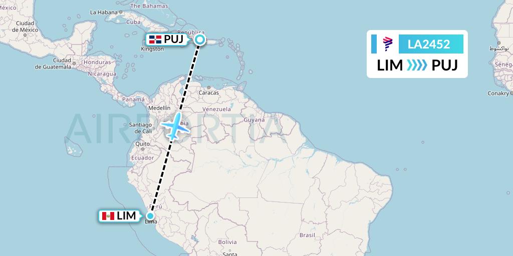 LA2452 LAN Airlines Flight Map: Lima to Punta Cana
