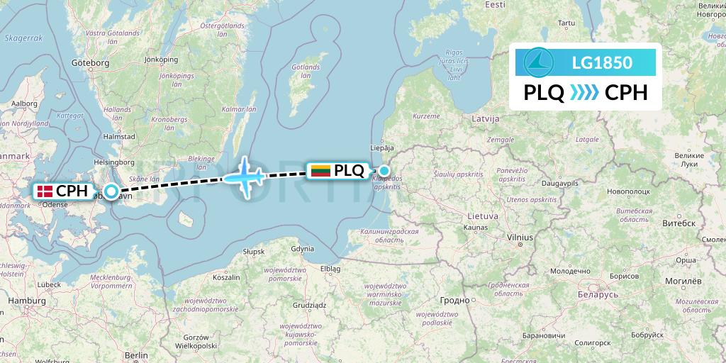LG1850 Luxair Flight Map: Palanga to Copenhagen