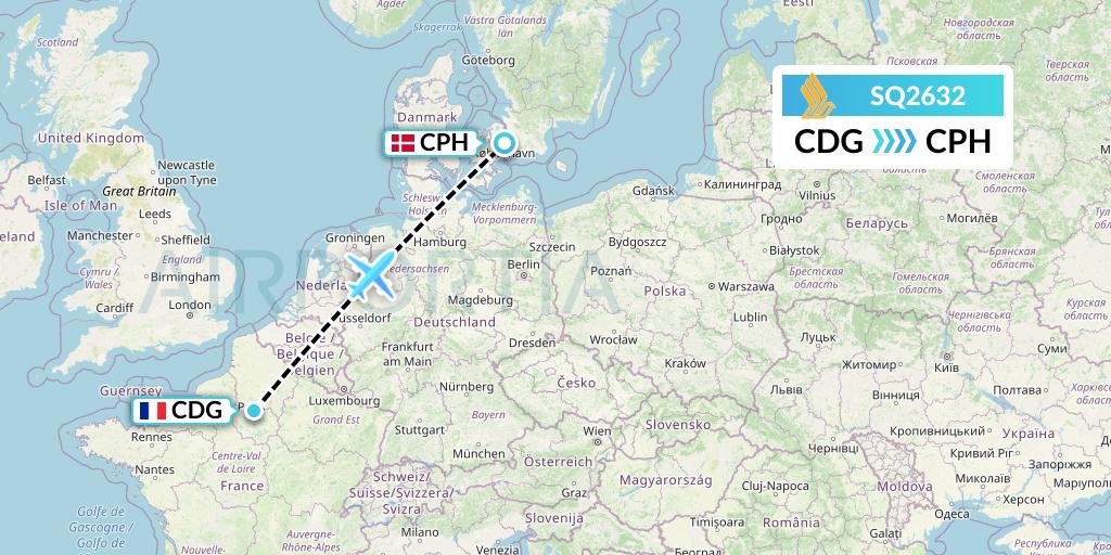 SQ2632 Singapore Airlines Flight Map: Paris to Copenhagen