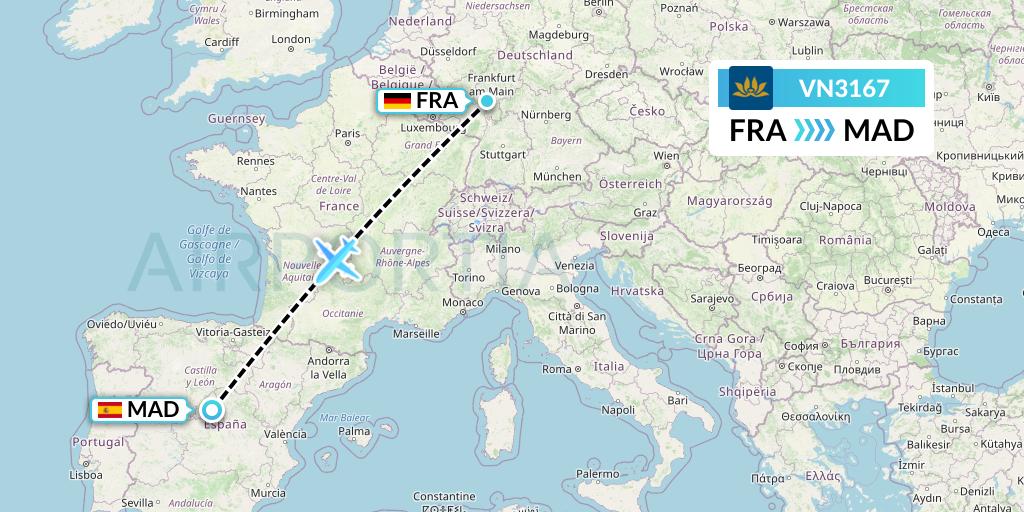 VN3167 Vietnam Airlines Flight Map: Frankfurt to Madrid