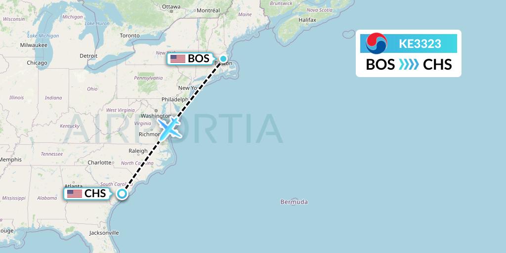 KE3323 Korean Air Flight Map: Boston to Charleston