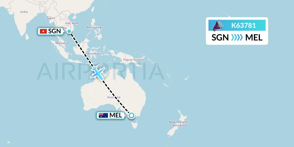 K63781 Cambodia Angkor Air Flight Map: Ho Chi Minh City to Melbourne