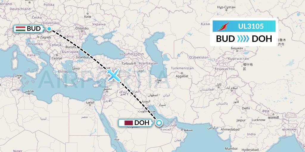 UL3105 SriLankan Airlines Flight Map: Budapest to Doha