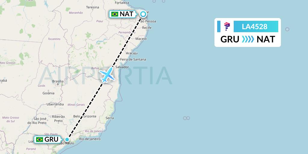 LA4528 LAN Airlines Flight Map: Sao Paulo to Natal