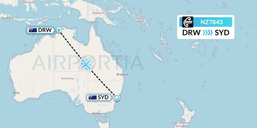 NZ7843 Air New Zealand Flight Map: Darwin to Sydney
