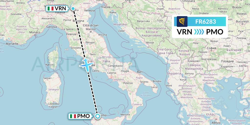 FR6283 Ryanair Flight Map: Verona to Palermo